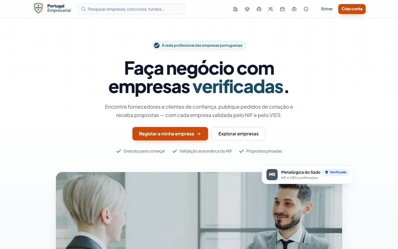 A página de entrada do Portugal Empresarial.