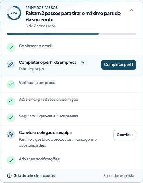 A lista Primeiros passos na página inicial.
