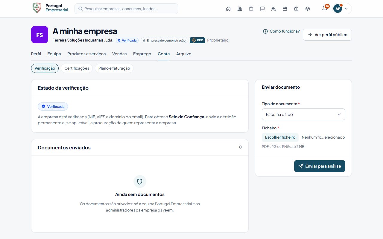 A minha empresa › Conta › Verificação.