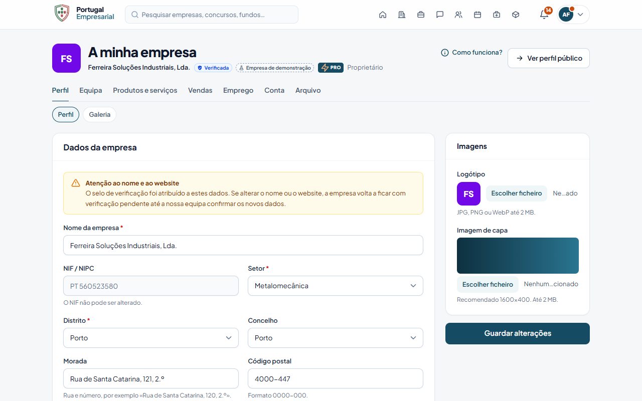 A minha empresa, com os separadores agrupados.