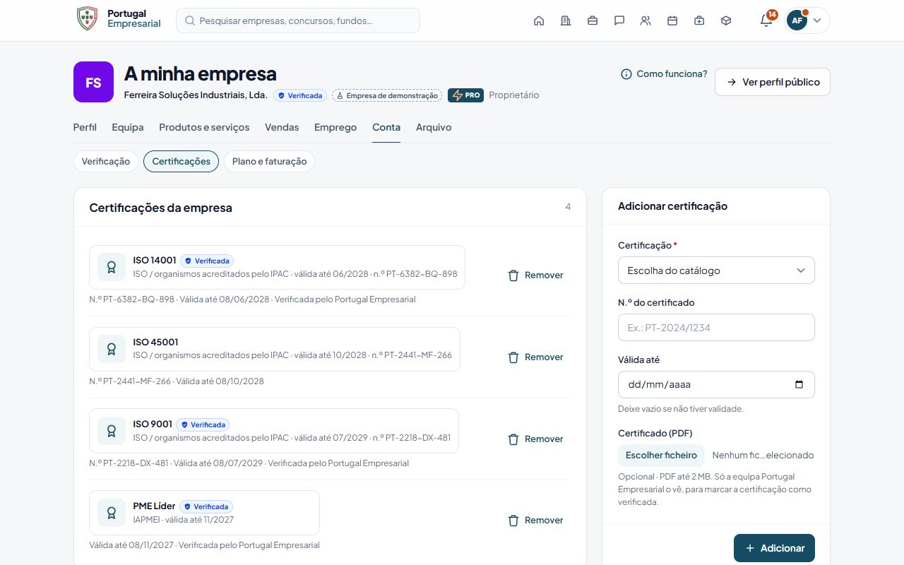 A minha empresa › Conta › Certificações.