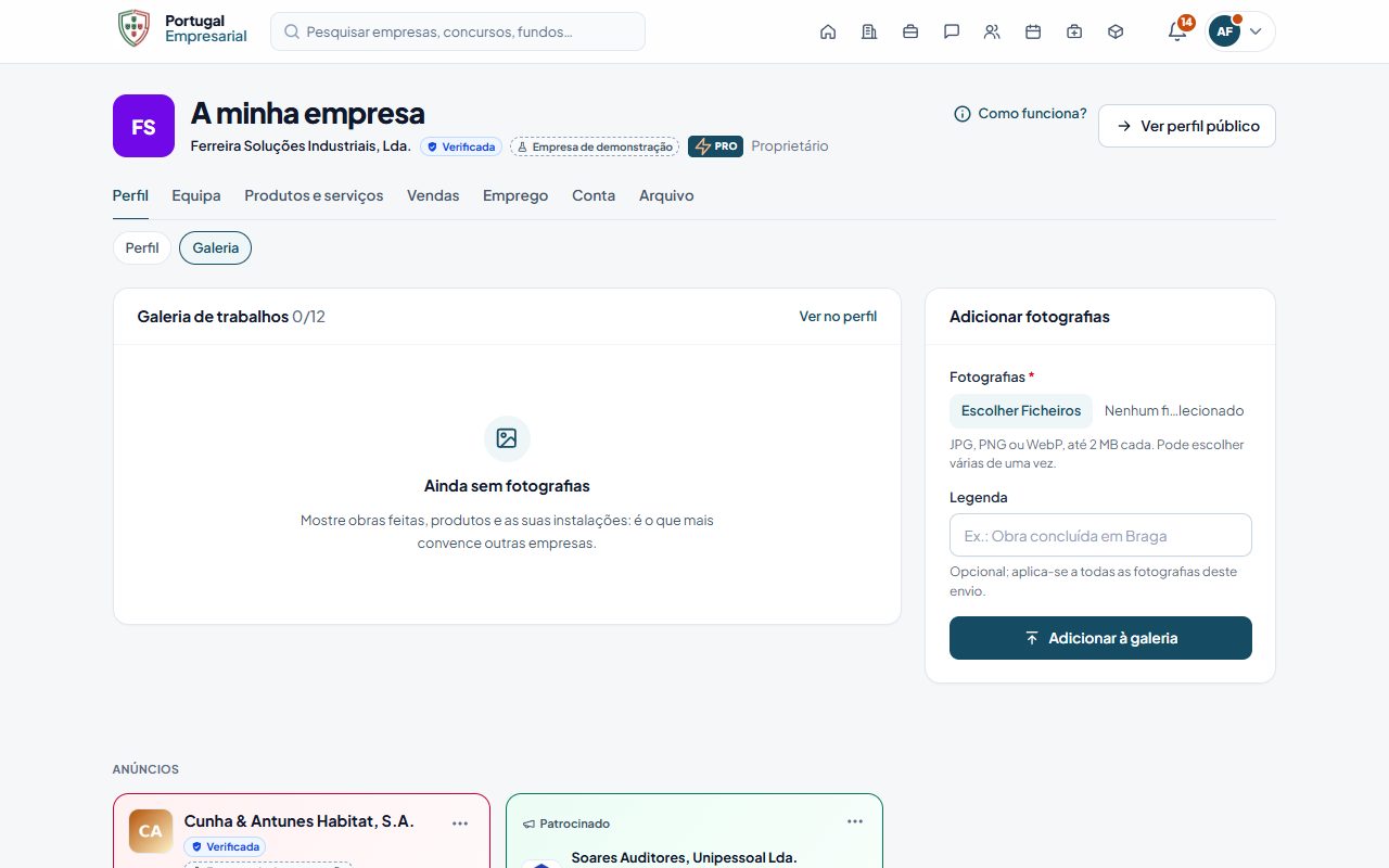 A minha empresa › Perfil › Galeria.