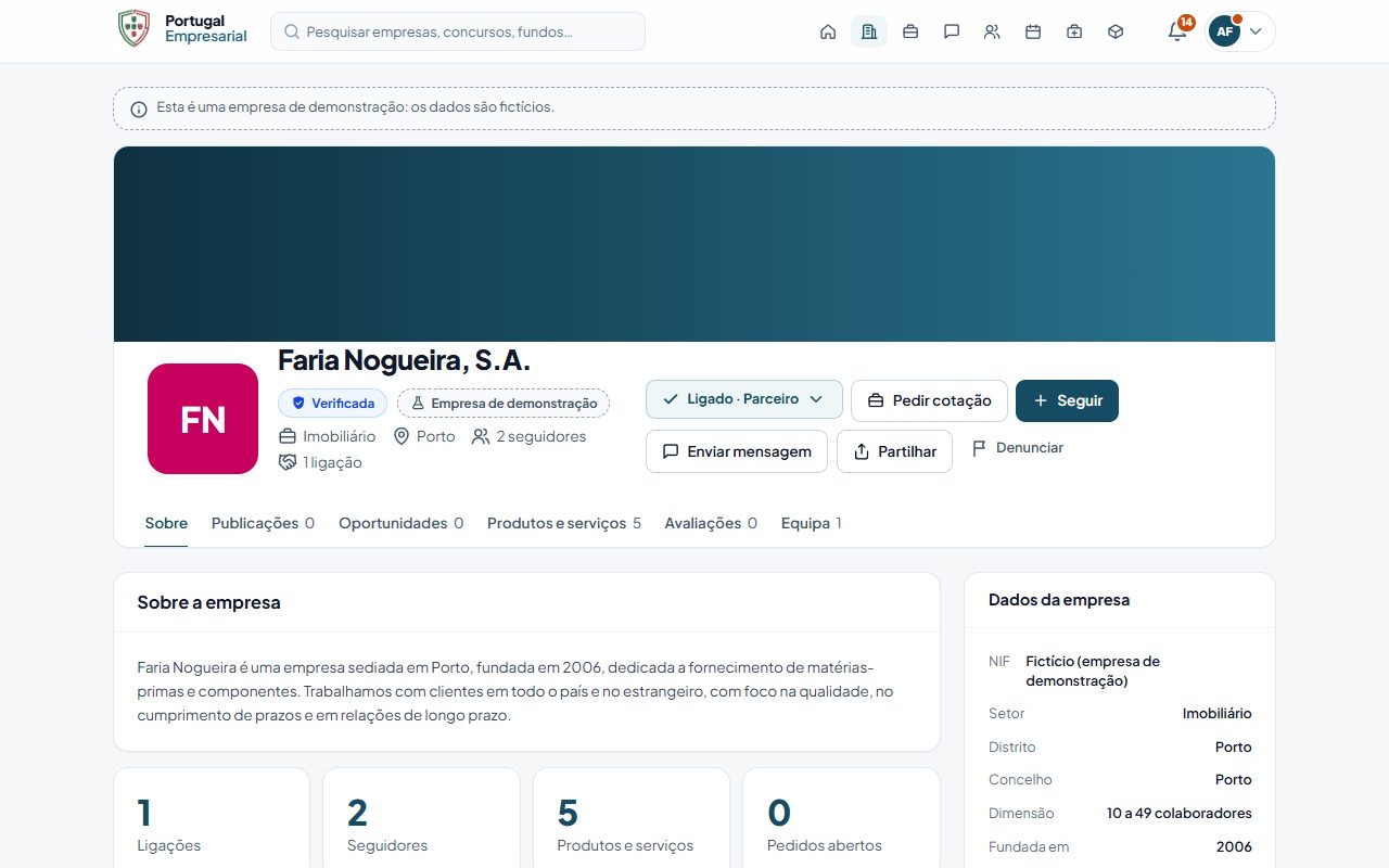 O perfil público de uma empresa.
