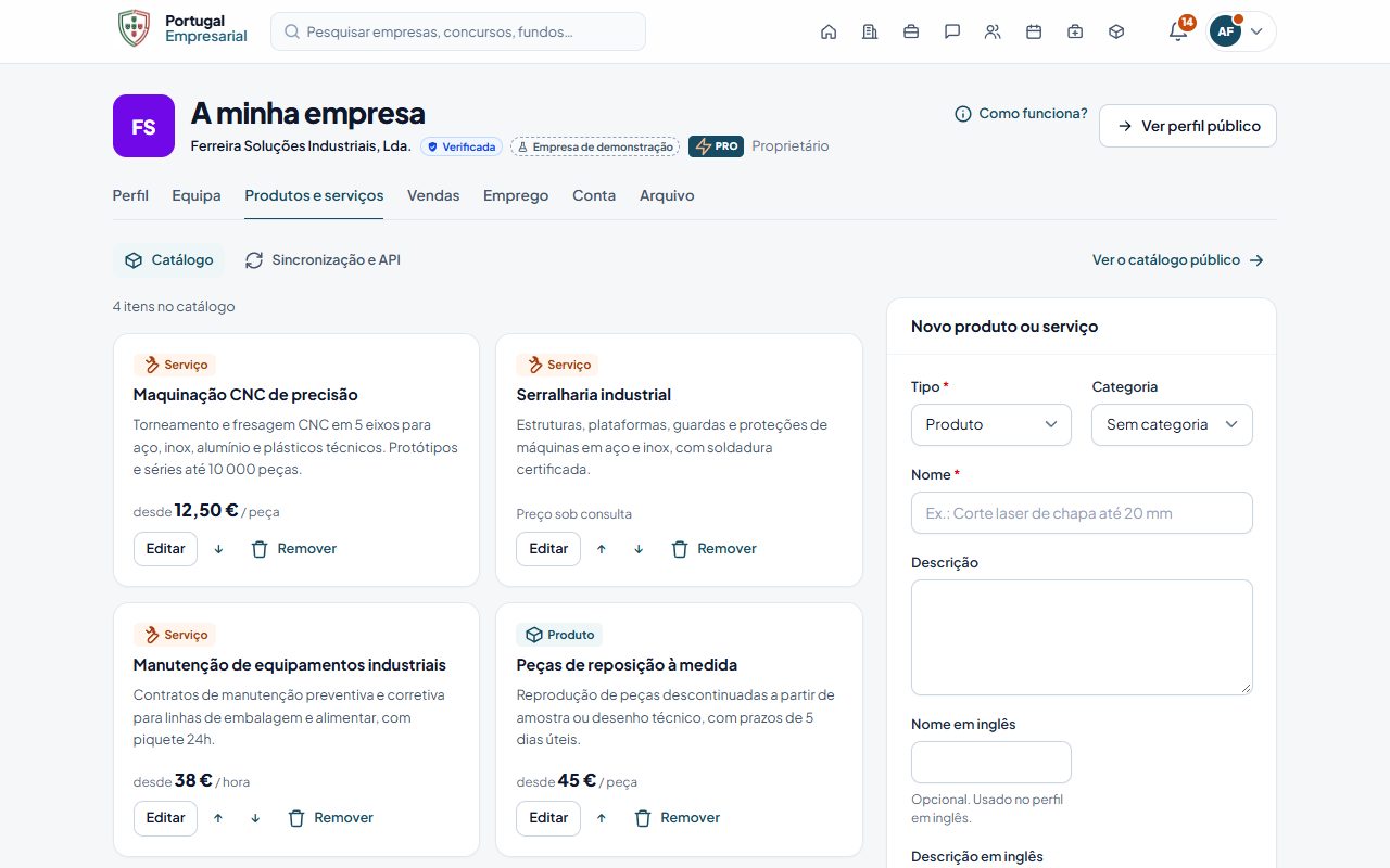 A minha empresa › Produtos e serviços.