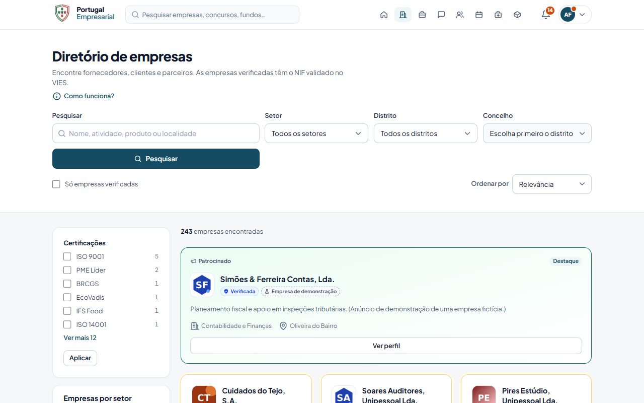 O diretório de empresas, com os filtros.