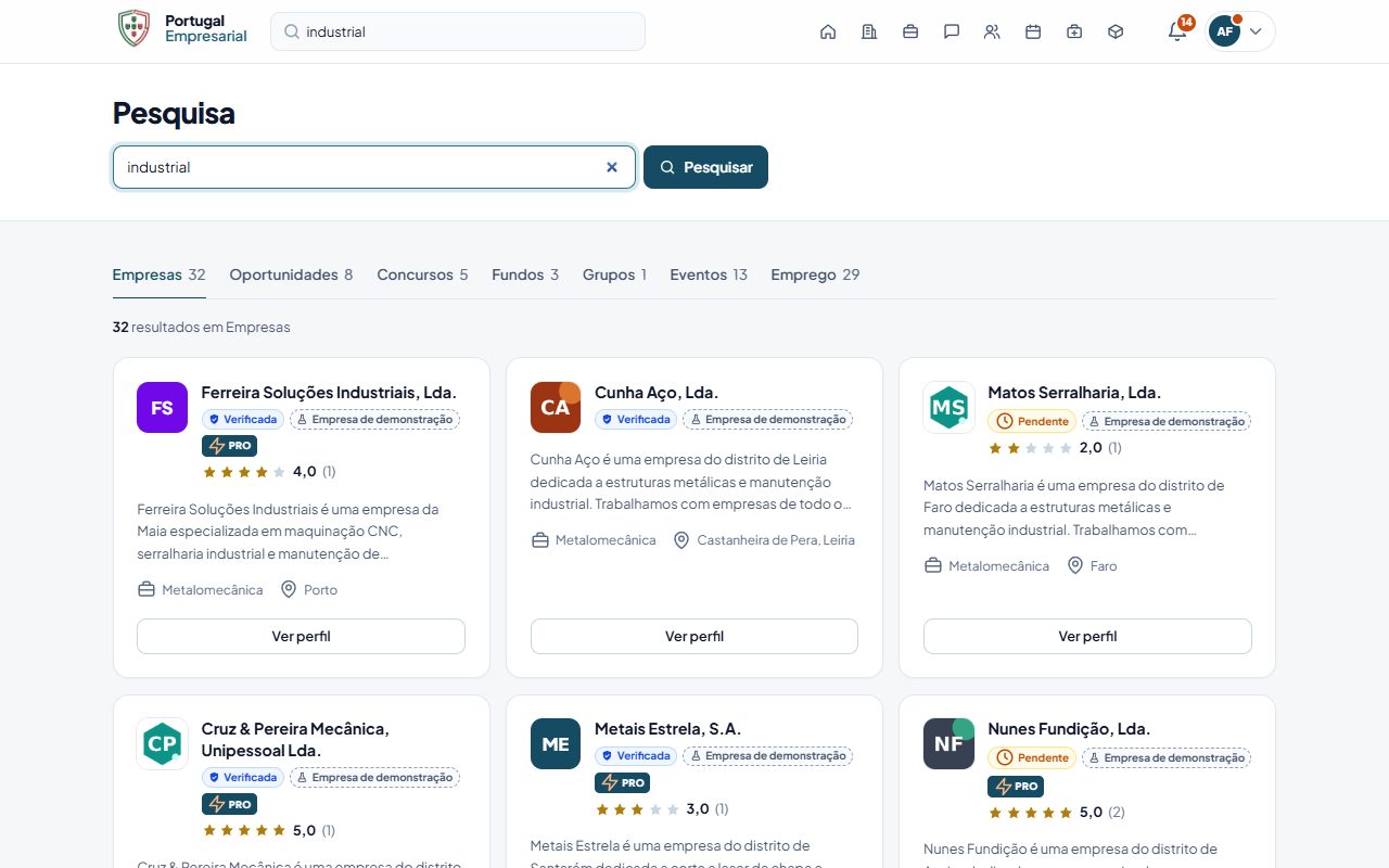 A pesquisa global, com os resultados por categoria.