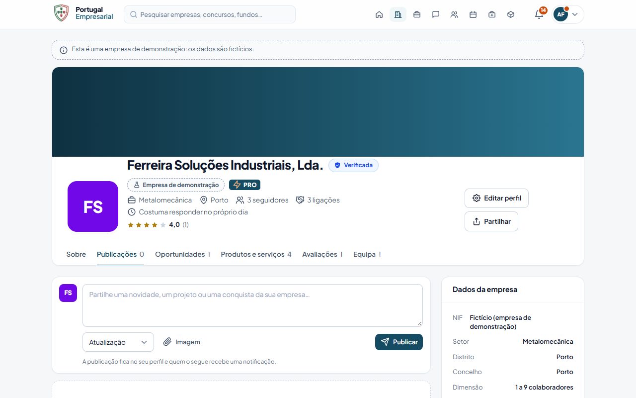 Publicar no perfil da empresa (separador Publicações).