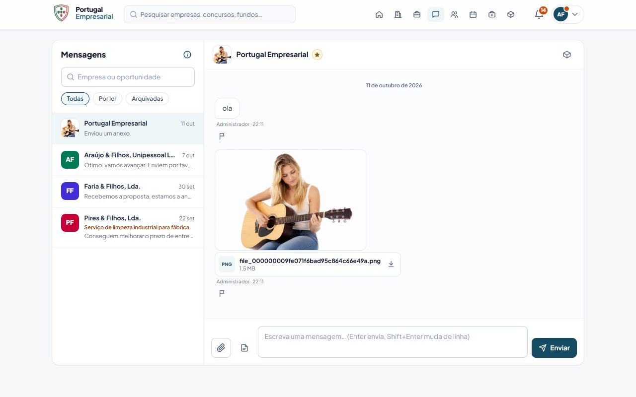 A página Mensagens: conversas à esquerda, a conversa aberta à direita.