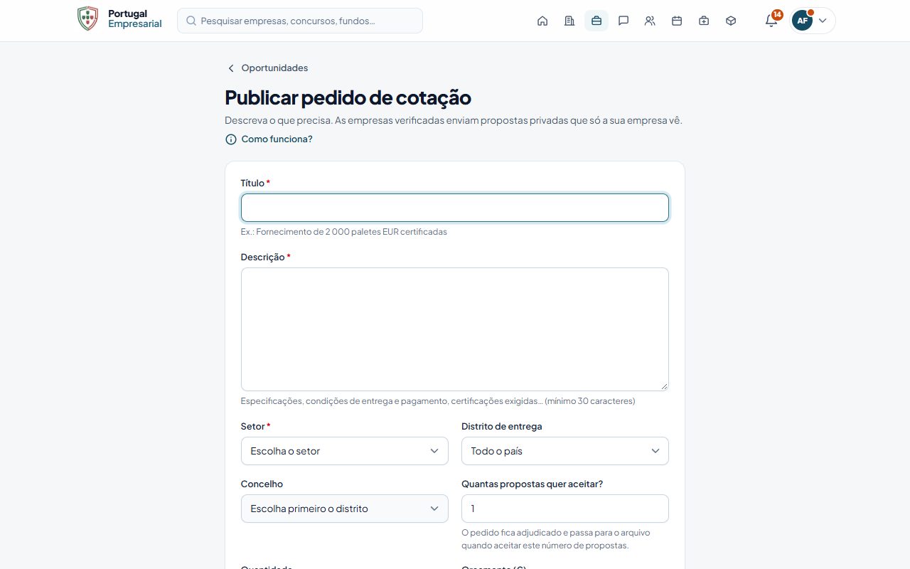 O formulário Publicar pedido de cotação.