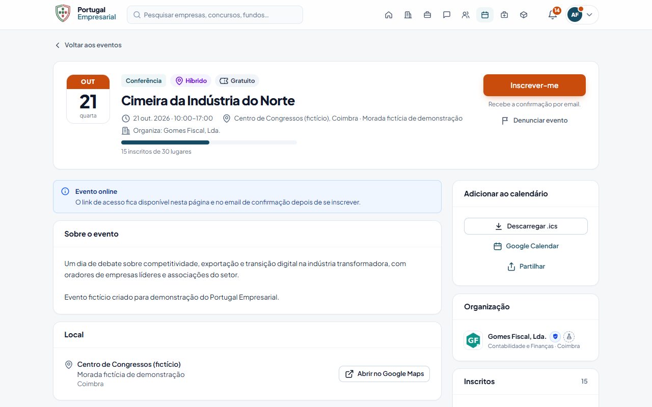 A página de um evento, com a inscrição.