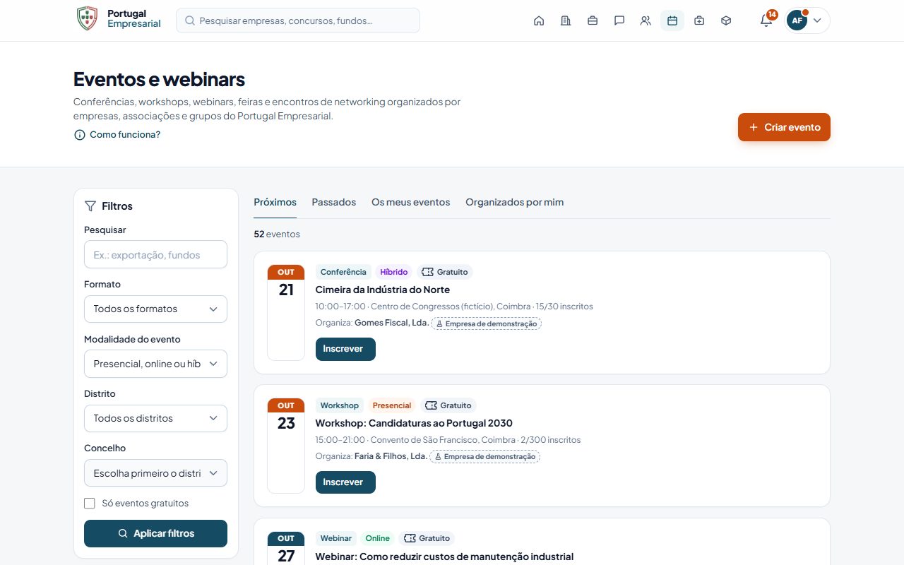 A lista de eventos e webinars.