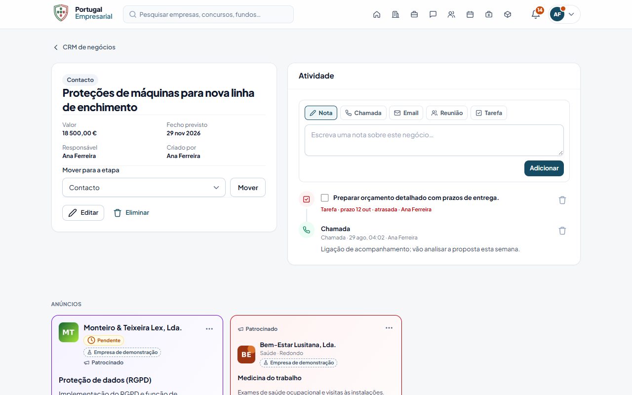 A página de um negócio, com as atividades.
