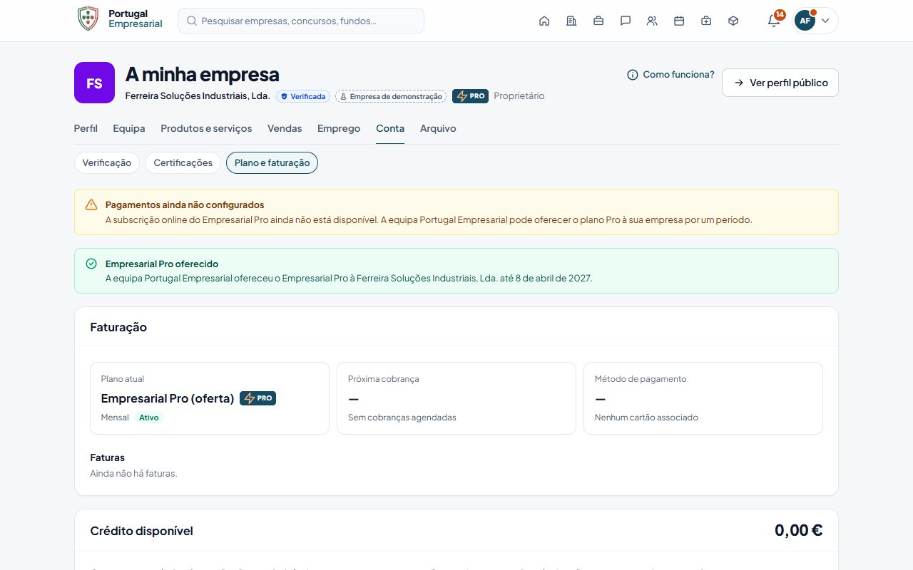 A minha empresa › Conta › Plano e faturação.