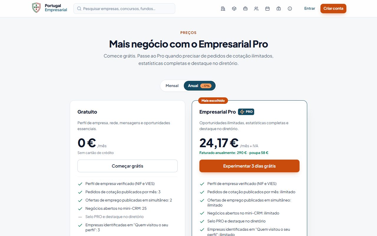 A página de preços.