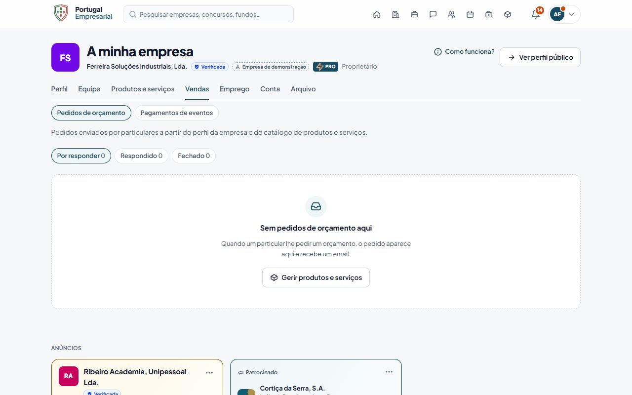 A minha empresa › Vendas › Pedidos de orçamento.